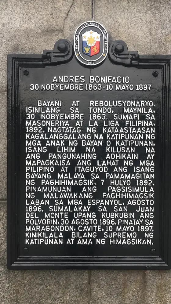 Historical marker for Andres Bonifacio at Liwasang Bonifacio