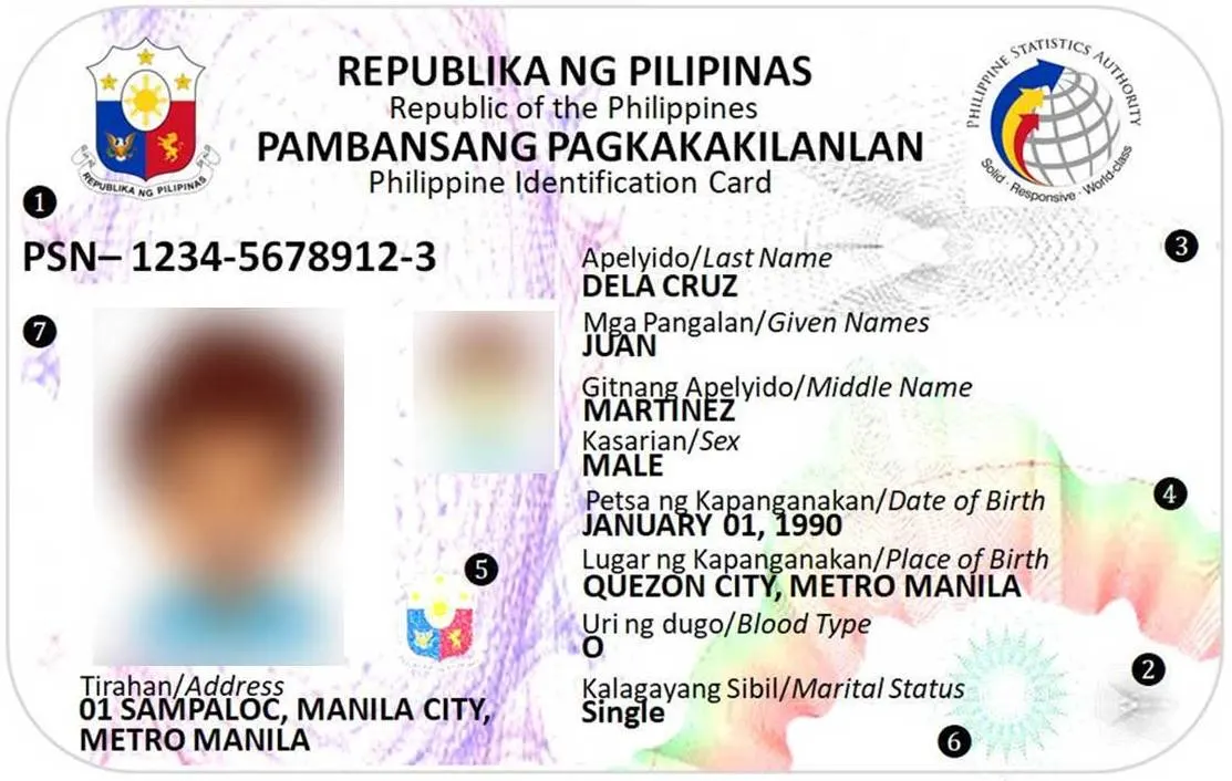Sample Philippine National ID (PhilSys) card with a fictional cardholder